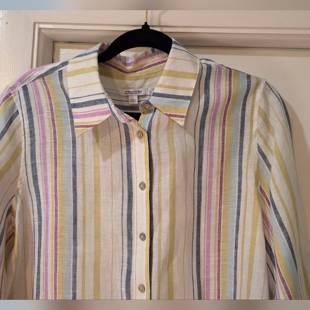 Women's Chico's Multi Stripe Linen Shirt, Size 8 - Picture 5 of 13